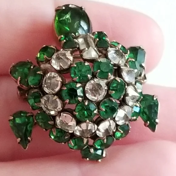 Relisted -Vintage turtle brooch trembler Rhinestone pin unsigned Shreiner tortoi - Picture 9 of 13
